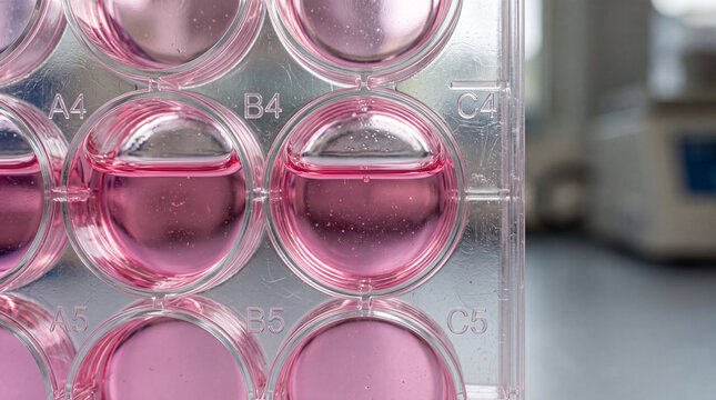 Close up of a cell culture multi well plate in a laboratory setting.
