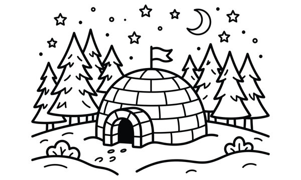 Winter Landscape with Igloo and Pine Trees Coloring Page Vector