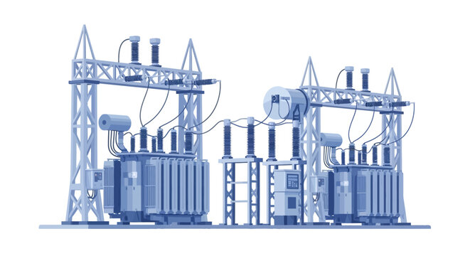 Industrial Electrical Substation Vector Illustration with High Voltage Transformers and Power Grid Infrastructure Components Isolated on White