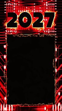 2027 New Year Frame Parallel Red Circuit Vertical Video Background