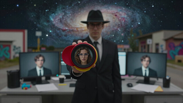 Businessman holding a red and yellow telescope lens showing a woman's face in a futuristic office with galaxy backdrop