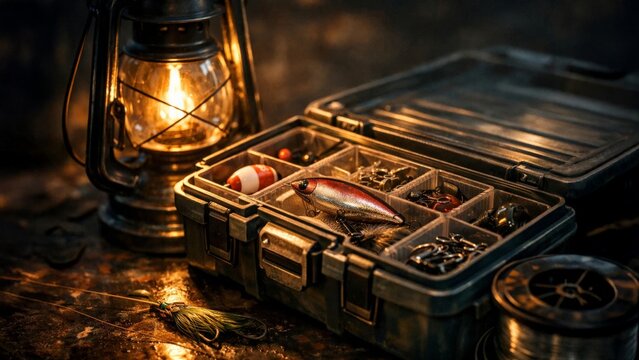 Fishing tackle box with lures, hooks, and bobbers beside a glowing lantern, moody outdoor close-up gear still life.
