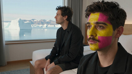 Obraz premium Two Men with Painted Face in Arctic-Inspired Hotel Room