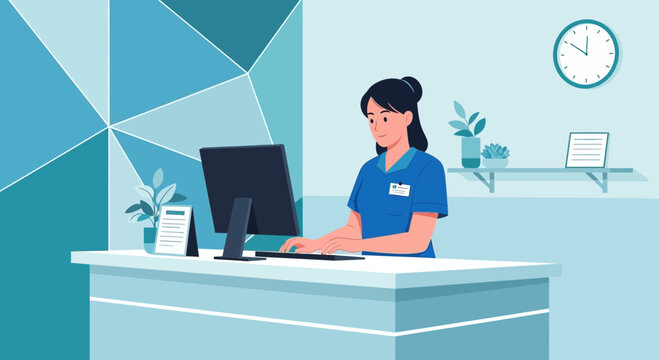 Nurse at reception desk using computer in modern clinic with geometric wall art and clock