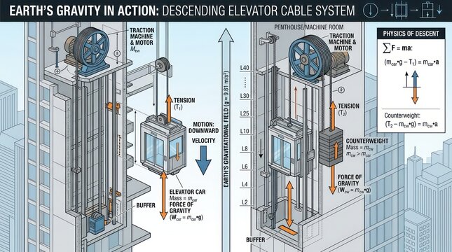 Elevator cable system diagram. Technical illustration of lift mechanics and gravity.
