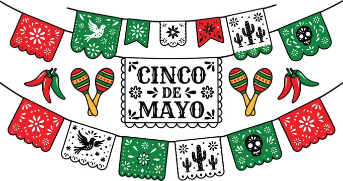 Cinco de mayo festive paper flags bunting banner with maracas and traditional patterns