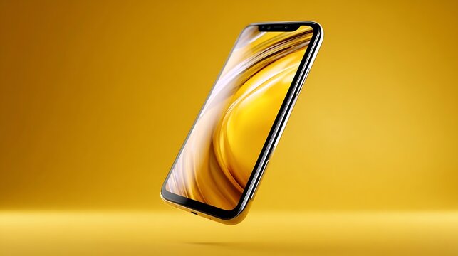 Smartphone with yellow liquid screen floating above flat surface for tech ads.