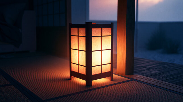 Traditional Japanese Paper Lantern Glowing on Tatami at Dusk
