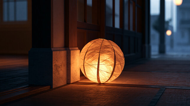 Glowing Spherical Paper Lantern by Stone Pillar at Dusk
