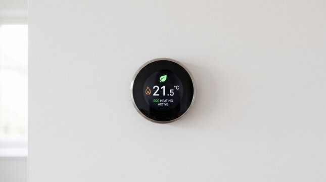 Smart Thermostat on Wall: A modern smart thermostat mounted on a plain wall displays the current temperature and energy-saving features, representing home automation and efficiency.