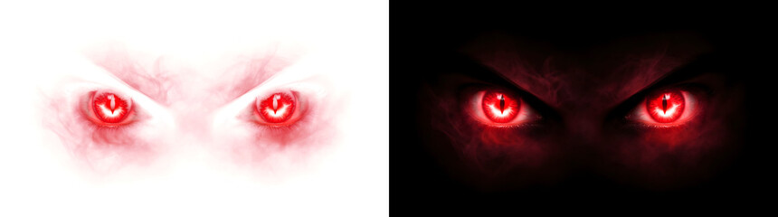 Naklejka premium Demon glowing red eyes staring menacingly with slit pupils surrounded by dark smoky mist with terrifying horror PNG, Transparent and Black Background Versions for Halloween designs