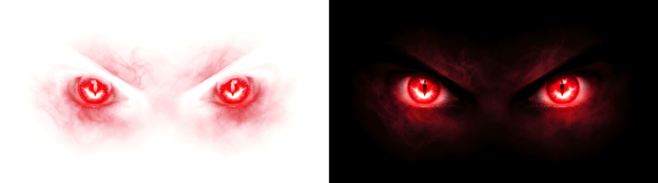 Demon glowing red eyes staring menacingly with slit pupils surrounded by dark smoky mist with terrifying horror PNG, Transparent and Black Background Versions for Halloween designs