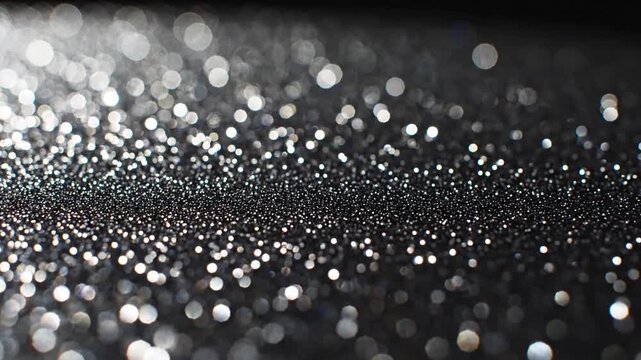 Sparkling silver glitter texture on black with bokeh lights