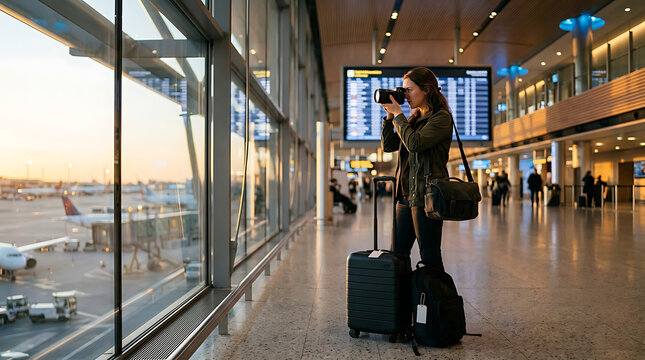 traveler capturing photo at airport terminal with luggage waiting for flight adventure excitement