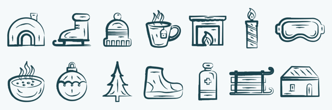 Cozy winter hand drawn doodle clip art set fall season line element pack with igloo and fireplace