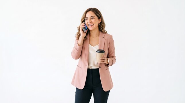 A woman in a pink blazer and dark pants smiling and talking on her phone while holding a coffee cup.