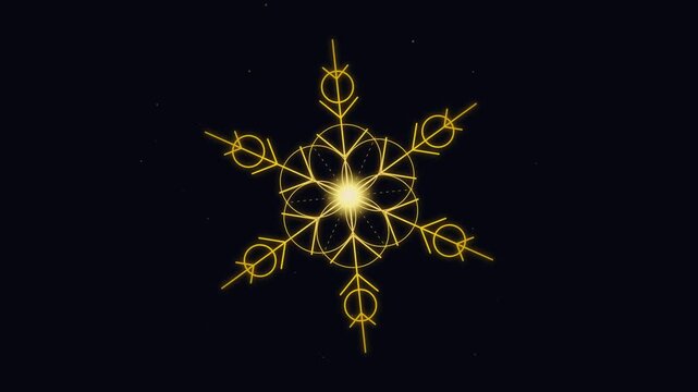 Gold glowing geometric snowflake animation against a dark background