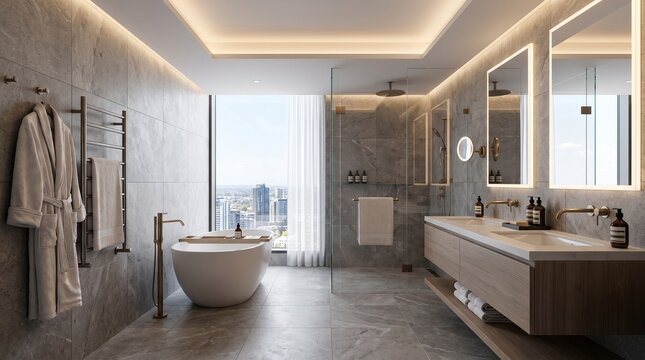 An elegant boutique hotel bathroom presents rich marble wall textures paired with glowing round mirror and polished brass fixtures.