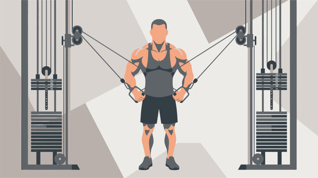 Vector illustration of a male bodybuilder performing a cable fly chest contraction exercise. Detailed depiction of pectoral muscle engagement and arm positioning during gym workout.