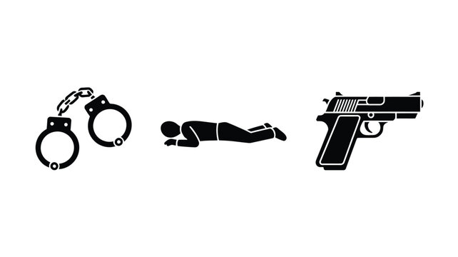 Crime law enforcement icon set featuring handcuffs arrested suspect lying on floor handgun pistol vector illustration for police design
