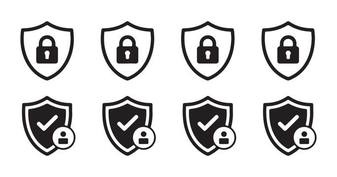 Shield icons with locks and checkmarks with person symbol for security privacy authorization access granted.