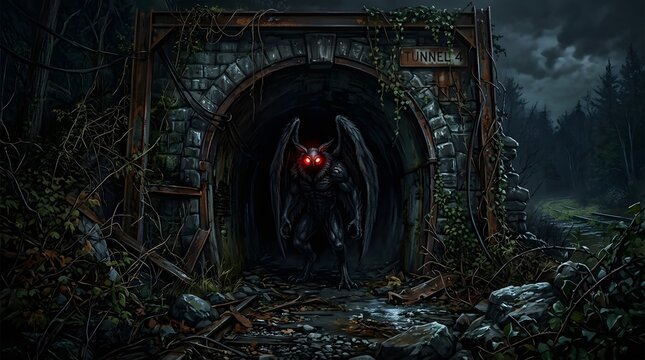 Mysterious Mothman creature with glowing red eyes emerges from a dark, overgrown tunnel entrance in a spooky forest