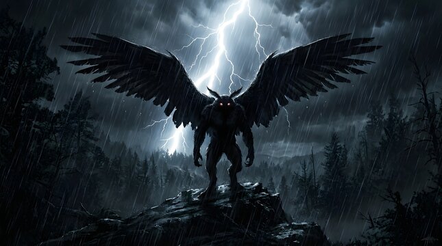 Terrifying Mothman creature with large wings stands on a rocky outcrop during a dramatic thunderstorm with lightning