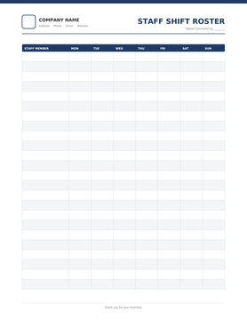 Staff shift roster template, professional printable business document form for office administration, company paperwork and record keeping, clean corporate layout, isolated vector illustration