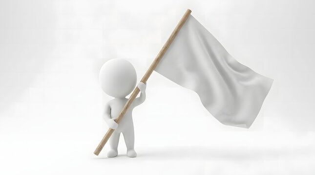 3d stick figure holding a blank white flag on a white background