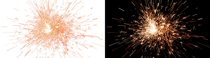 Fire spark explosion bursting outward with bright orange and white embers scattering in every direction PNG, Transparent and Black Background Versions for celebration firework designs © Tanay