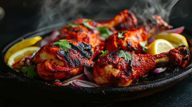 Steaming roasted tandoori chicken legs spicy red marinade cast iron sizzler pan lemon onion indian food