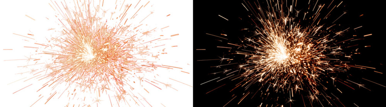 Fire spark explosion bursting outward with bright orange and white embers scattering in every direction PNG, Transparent and Black Background Versions for celebration firework designs