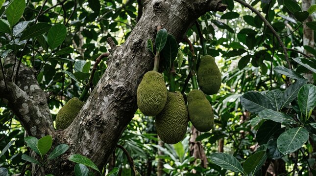Green Jackfruit Growing on Tree Trunk in Garden