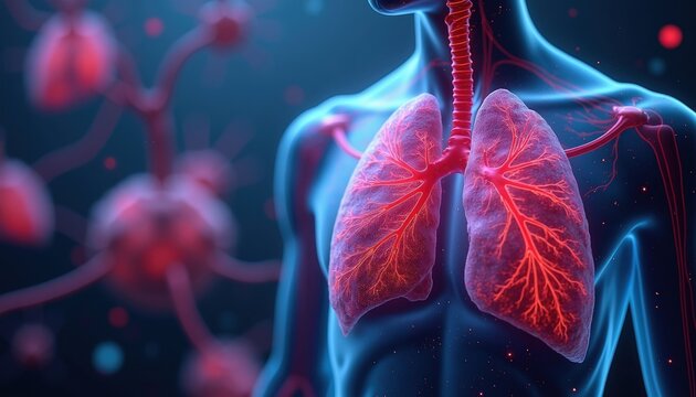 Abstract medical illustration of human lungs with red blood vessels, glowing particles. Science graphic shows internal respiratory system anatomy with airway, tissue detail. Digital concept art
