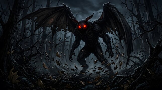 Mysterious Mothman creature with glowing red eyes lurking in a dark, spooky forest at night