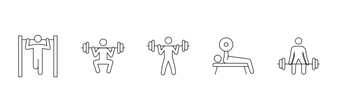 Fitness gym workout bodybuilder exercise strength training weightlifting person stick figure icon line vector illustration.