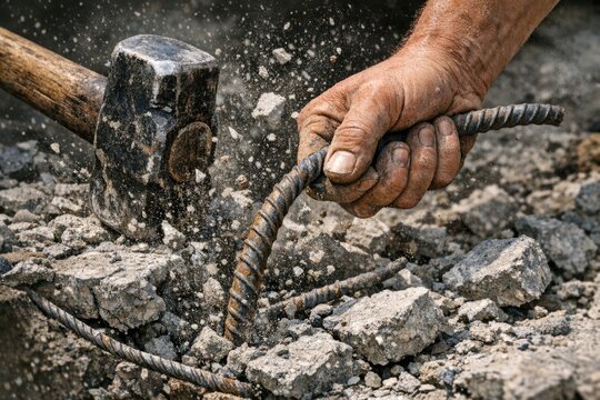 A person uses a hammer to crack open a pile of rocks, possibly for mining or excavation purposes