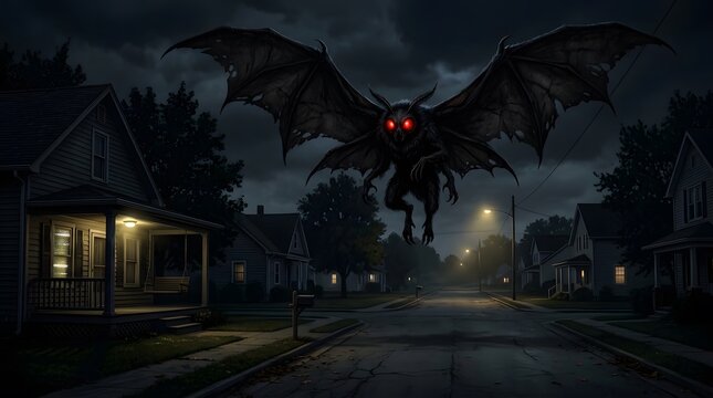 Terrifying Mothman creature with glowing red eyes flies ominously over a quiet suburban street at night