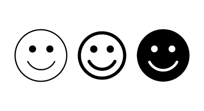 Simple Smiley Face Icons, Black and White Emotion Symbols, Positive Mood Vector Graphics