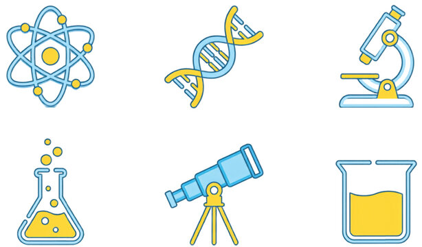 Scientific research and laboratory icon set featuring atom DNA microscope telescope beaker and chemistry equipment vector illustration