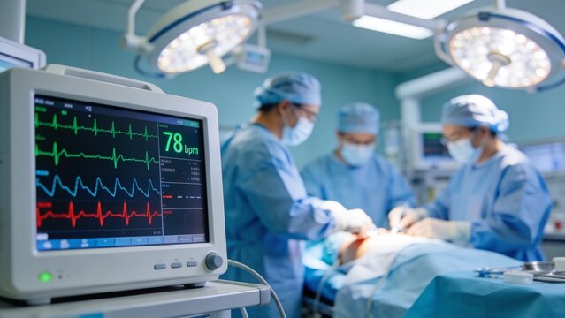 Electrocardiogram in hospital surgery operating emergency room showing patient heart rate with blur team of surgeons background