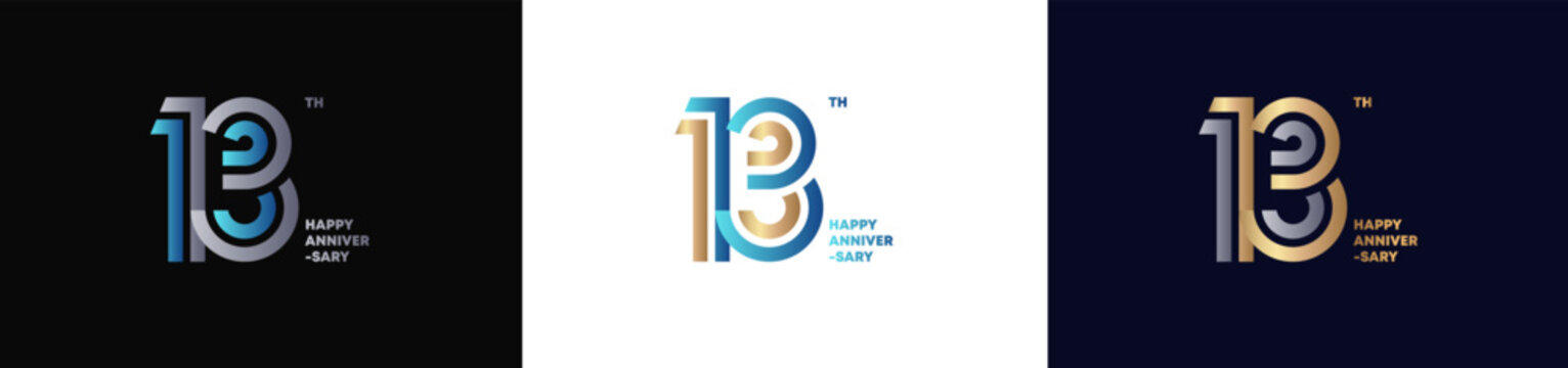 13th happy anniversary typography logo set with modern gradient design on black, white, and dark backgrounds