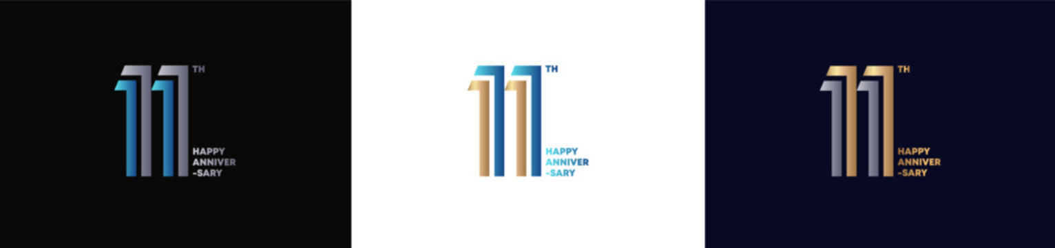 11th happy anniversary typography logo set with modern gradient design on black, white, and dark backgrounds