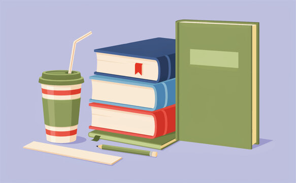 Stack of colorful hardback books with a takeaway paper cup and ruler on a desk education literature learning knowledge university paperback hardcover