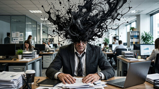 Man's head exploding with black ink in modern office, stress and overwhelm