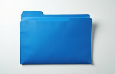 Obraz premium Single blue paper folder lies on white surface. Minimalist office supply object sits for business records management. Bright stationery accessory organizes documents, files with precision. Clean
