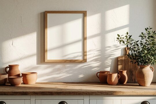 Empty wooden picture frame hangs on white wall above rustic kitchen counter. Sunlight casts window shadow across textured surface with ceramic clay pots, green plant branch. Minimalist home interior
