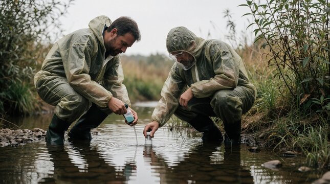 Two scientists in protective suits collect water samples from stream for analysis. They work outdoors in nature, gathering data on water quality. Their task involves research, environmental control.