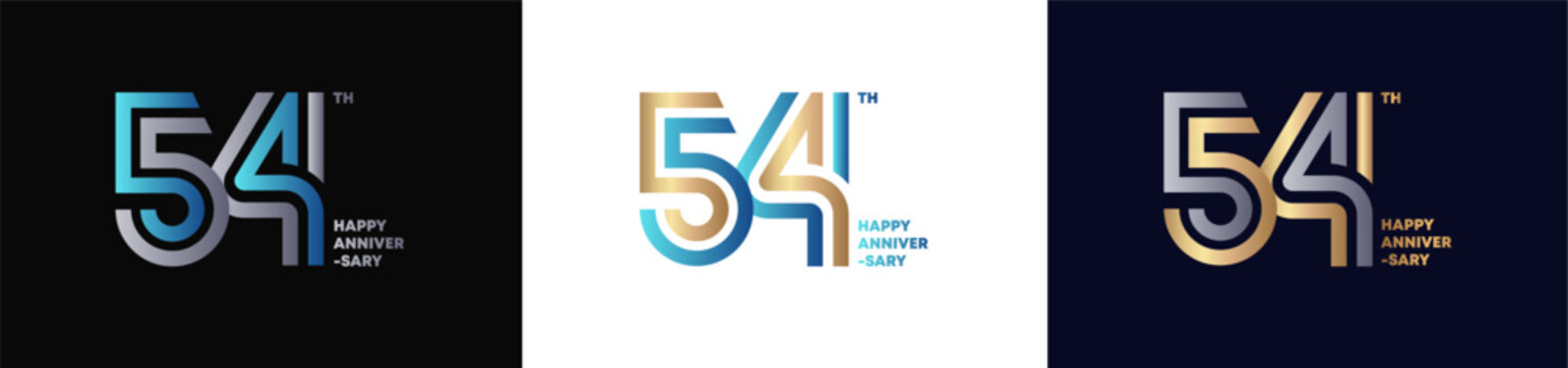 54th happy anniversary typography logo set with modern gradient design on black, white, and dark backgrounds