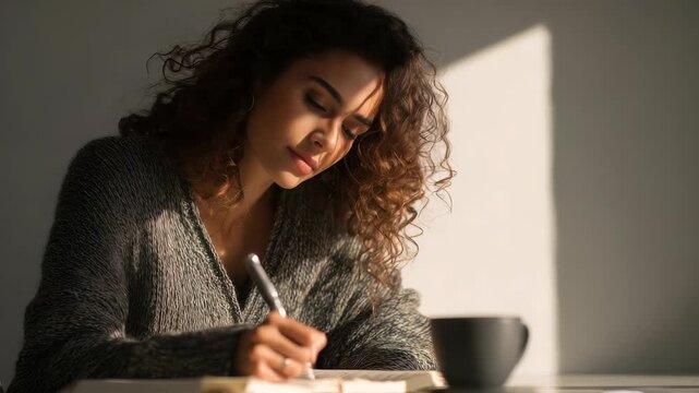 Focused female writer sits at a table, pen in hand, capturing ideas in her journal as sunlight streams through the window. The serene setting enhances her creativity and peaceful mood